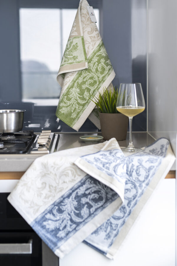 Florence Jacquard Tea Towel Blue and Green in the kitchen