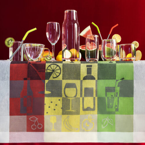 Party Time Jacquard Tea Towel with Glass and Fruit on red