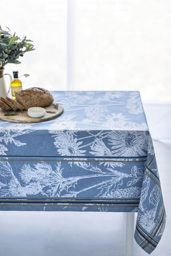 Russian Garden Jacquard Tablecloth on the table with bread olive oil and olives